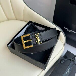 Yves Saint Laurent Black Leather Belt with Gold Buckle